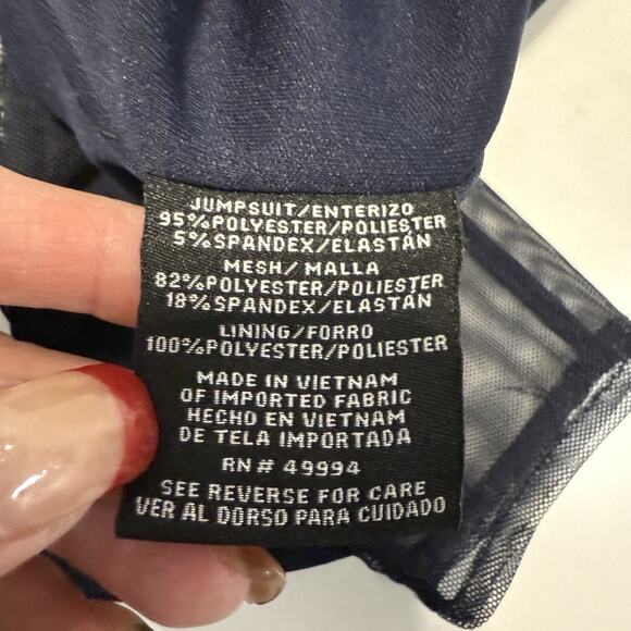 R&M Richards Ruffled Illusion Formal Jumpsuit Size 14P Petite Navy Mesh Sleeve - Picture 10 of 12